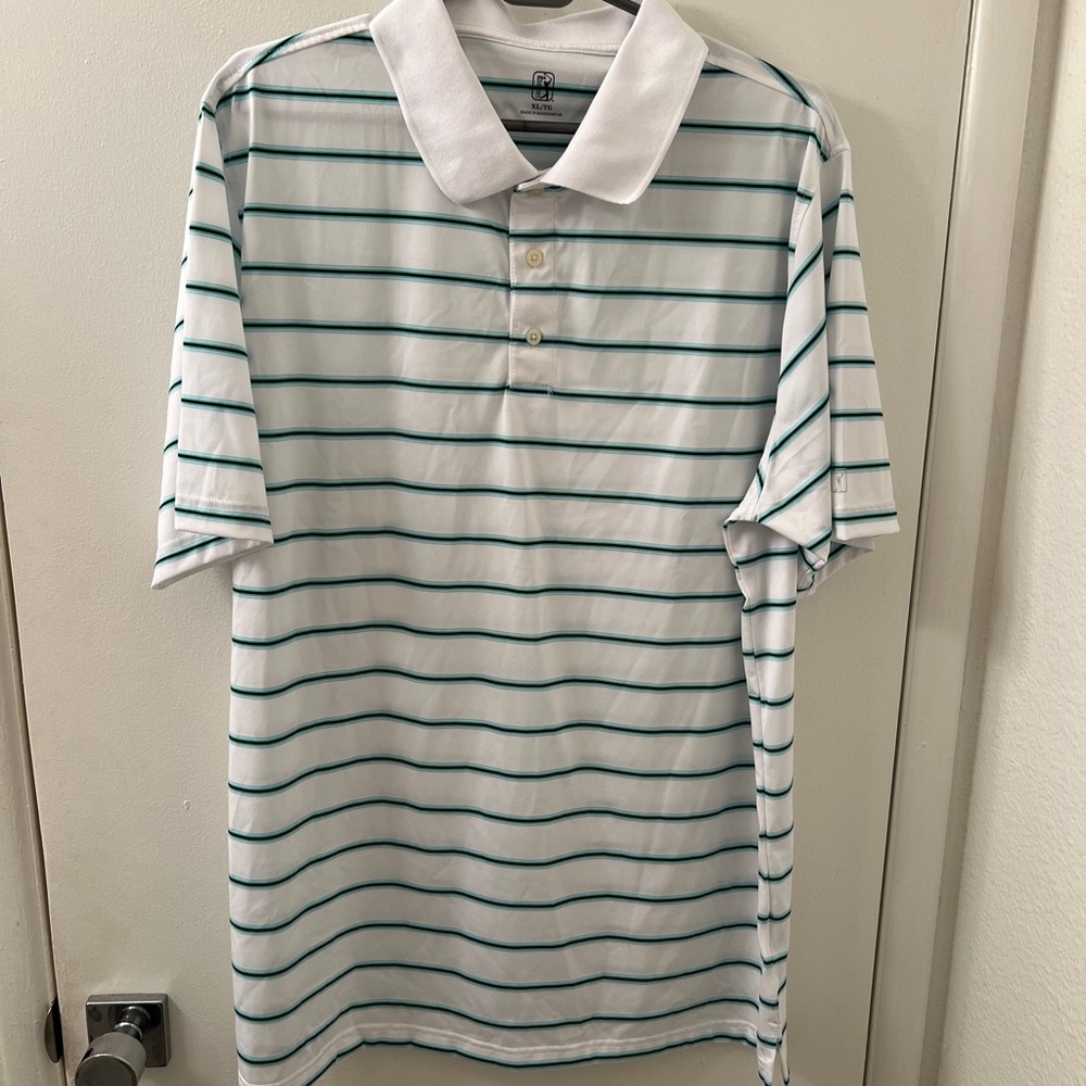 Men's PGA Tour White and Green Striped Polo Golf Shirt